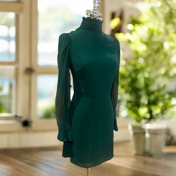 Reformation Archie Shirred Georgette Mini Dress Green Women’s 4 Long-Sleeve High - Picture 2 of 14